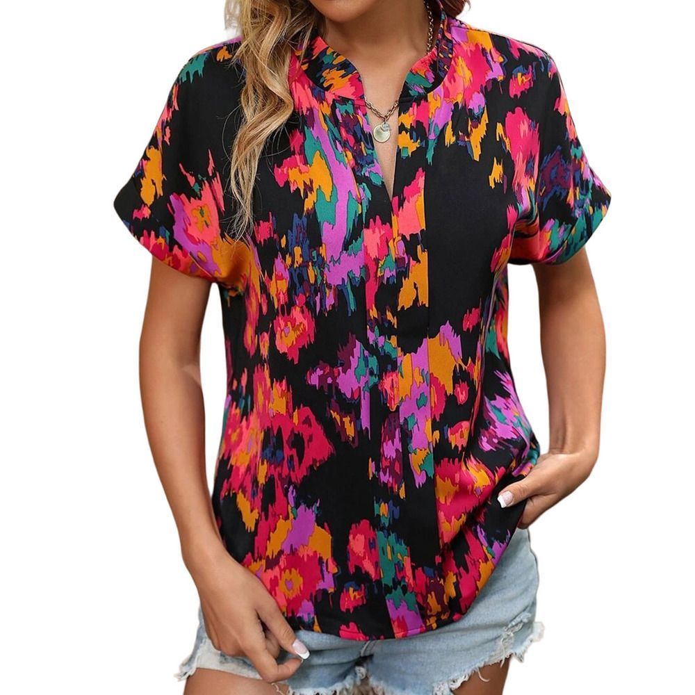 Z Avenue Black & Pink Abstract Floral Bal Collar Notch Neck Top Women Size XXL